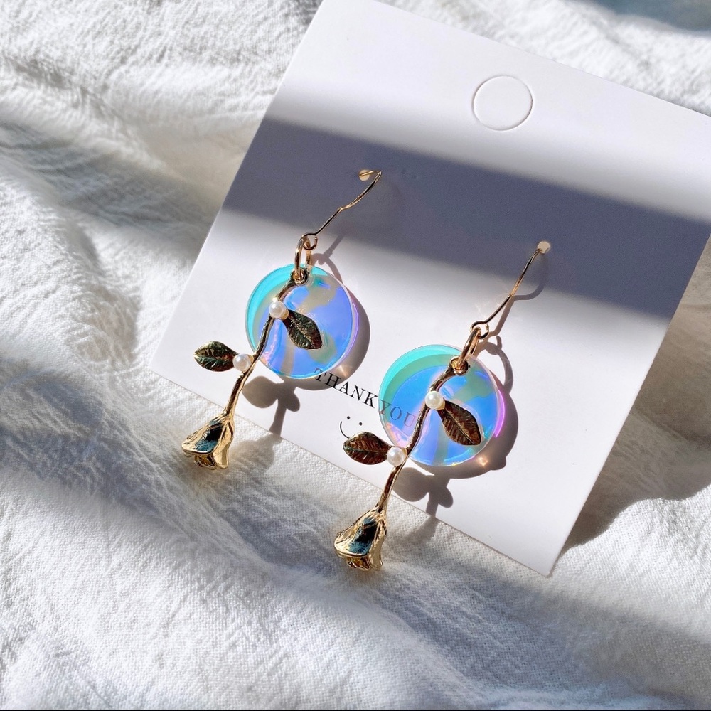 Handmade iridescent resin rose pearl earrings